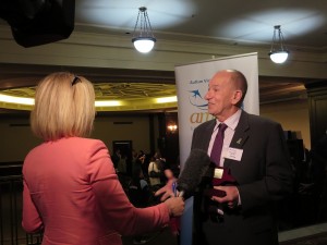 Murray Dawson-Smith is interviewed by Channel 7's Karen O'Sullivan at the Victoria Day Awards