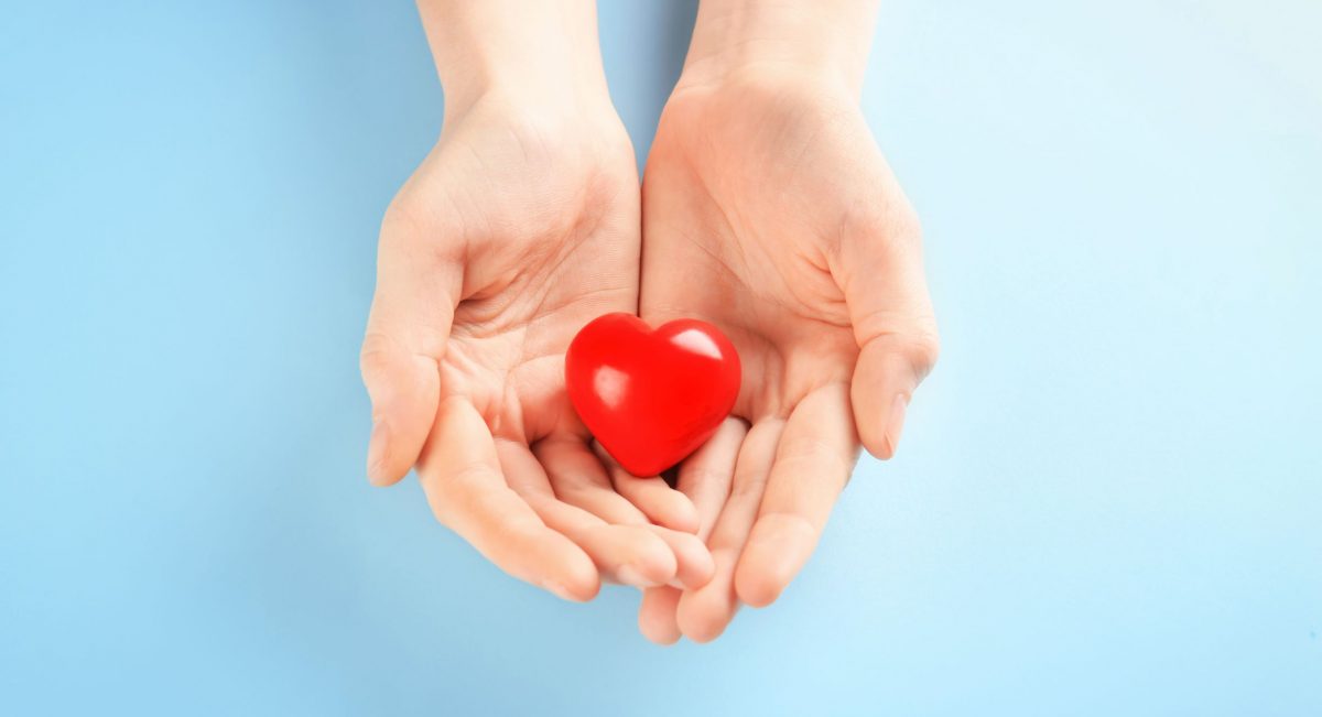 Hands holding a heart shape, symbolising giving.